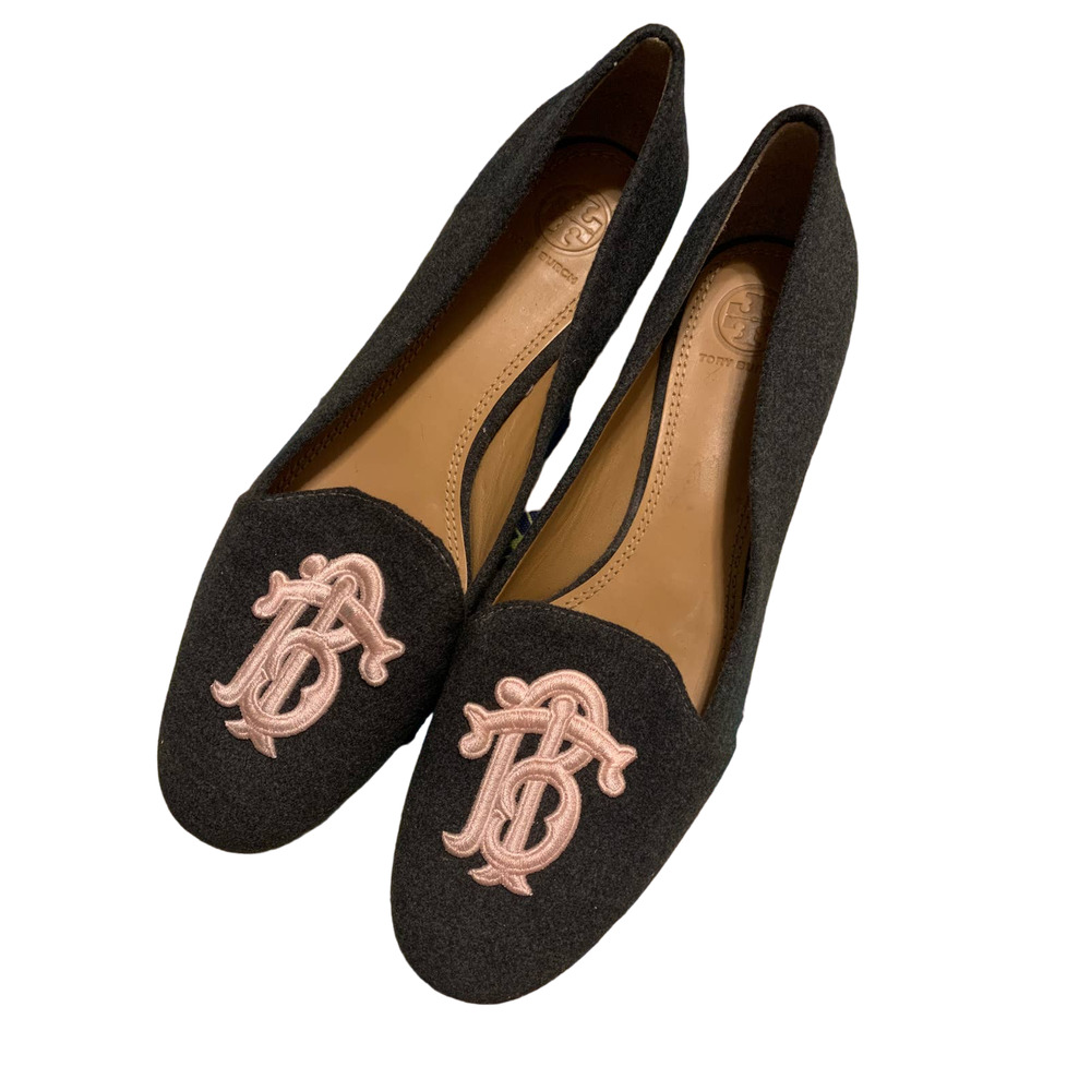 Tory Burch Antonia Loafer Heather Gray w/ Sea Shell Pink Logo Size 7.5